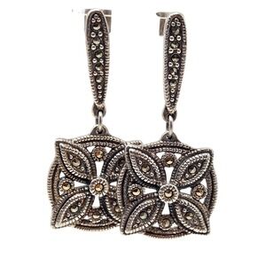 Vintage Sterling Silver Marcasite Square Drop Earrings Thailand NF 925 5.2g